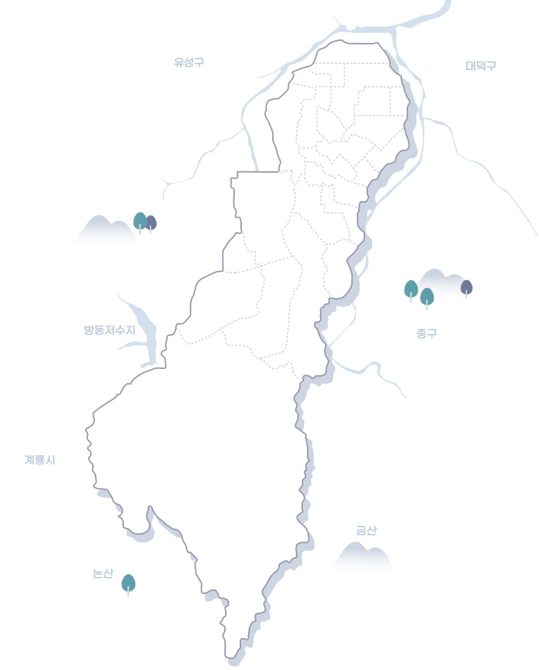 대전 서구 지도. 복수동, 도마1동, 도마2동, 정림동, 변동, 용문동, 탄방동, 둔산1동, 둔산2동, 둔산3동, 괴정동, 가장동, 내동, 갈마1동, 갈마2동, 월평1동, 월평2동, 월평3동, 만년동, 가수원동, 관저1동, 관저2동, 기성동, 도안동으로 이루어져 있다. 서구 근처에 계룡시, 논산, 금산, 유성구, 중구, 신탄진, 대덕구가 있다.