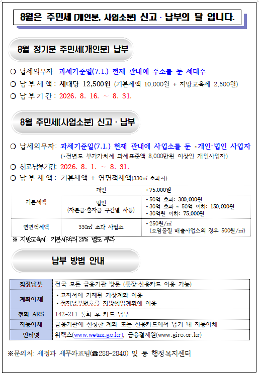 주민세(개인분, 사업소분) 신고&middot;납부 안내문