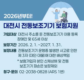2026년부터!
대전시 전동보조기기 보험지원
가입대상  대전시 주소를 둔 전동보조기기 이용 등록
                 장애인 및 65세 이상
보장기간  2026. 2. 1. ~2027. 1. 31.
보장내용  전동보조기기 운행중 발생한 사고로 인한
                  제 3자 (대인·대물)애 대한 배상책임
                 * 보험가입자 본인 신체상해 및 전동 
                    보조기기 파손은 보장제외
청구·문의  02-2038-0828 (ARS 1번)