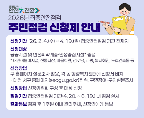 2026년 집중안전점검
주민점검 신청제 안내
신청기간 `26. 2. 4.(수) ~ 4. 19.(일) 집중안전점검 기간 전까지
신청대상
공공시설 및 안전취약계층·민생중심시설* 중점
* 어린이놀이시설, 전통시장, 마을회관, 경로당, 교량, 복지회관, 노후건축물 등
신청방법
구 홈페이지 설문조사 활용, 각 동 행정복지센터에 신청서 비치
- 대전 서구 홈페이지(seogu.go.kr)접속: 구민참여-구민설문조사
선정방법 선정위원회 구성 후 대상 선정
점검기간 집중안전점검 기간(4. 20. ~ 6. 19.) 내 점검 실시
결과통보 점검 후 1주일 이내 관리주체, 신청인에게 통보