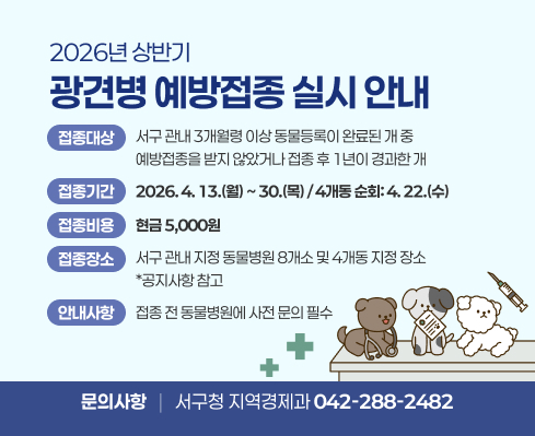 접종대상: 서구 관내 3개월령 이상 동물등록이 완료된 개 중 예방접종을 받지 않았거나 접종 후 1년이 경과한 개
 - 접종기간: 2026. 4. 13.(월) ~ 30.(목) / 4개동 순회: 4. 22.(수)
 - 접종비용: 현금 5,000원
 - 접종장소: 서구 관내 지정 동물병원 8개소 및 4개동 지정 장소 /                공지사항 참고
 - 안내사항: 접종 전 동물병원에 사전 문의 필수
 - 문의사항: 서구청 지역경제과 ☎ 042-288-2482
